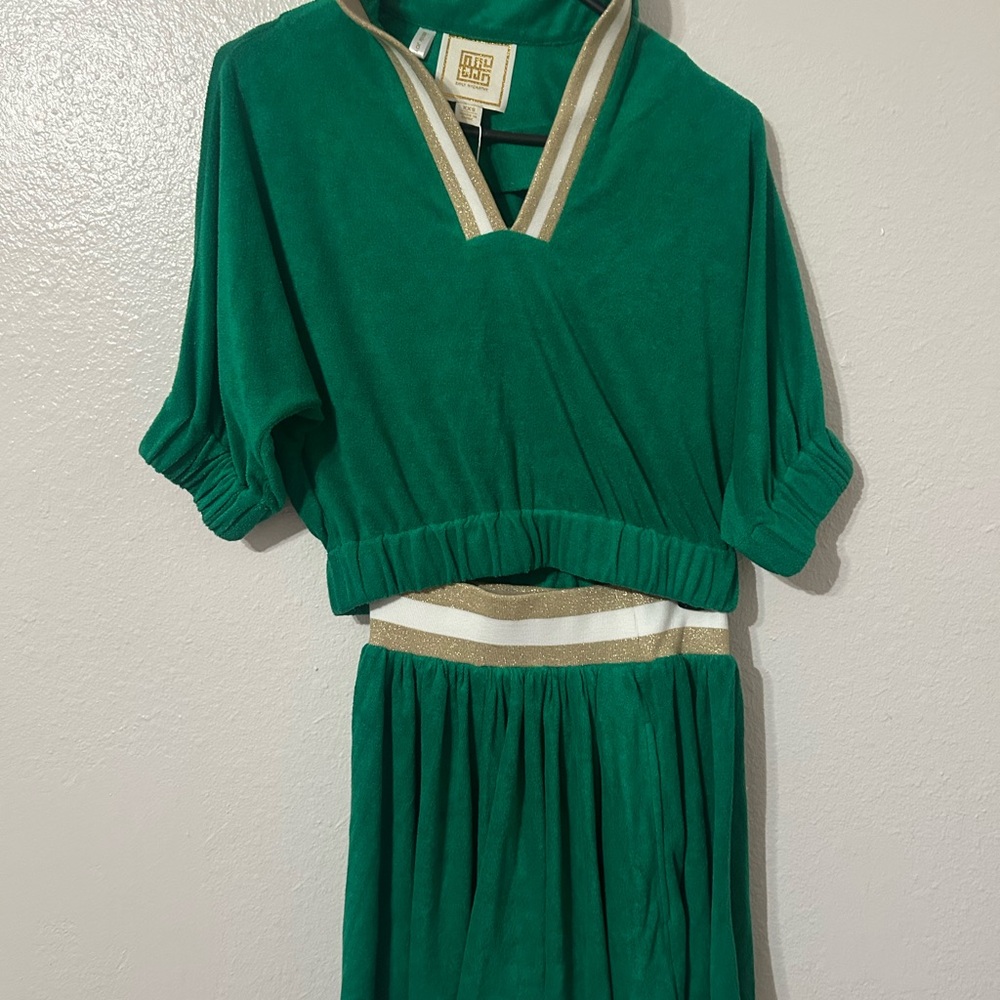 Emily Mccarthy Green Two-Piece Dress with Gold Trim